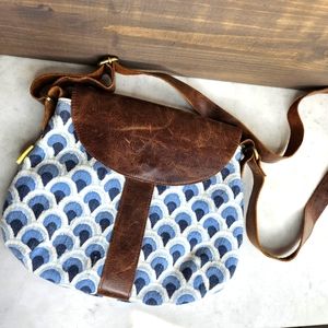 JOYN ikat crossbody shoulder bag brown leather blue print